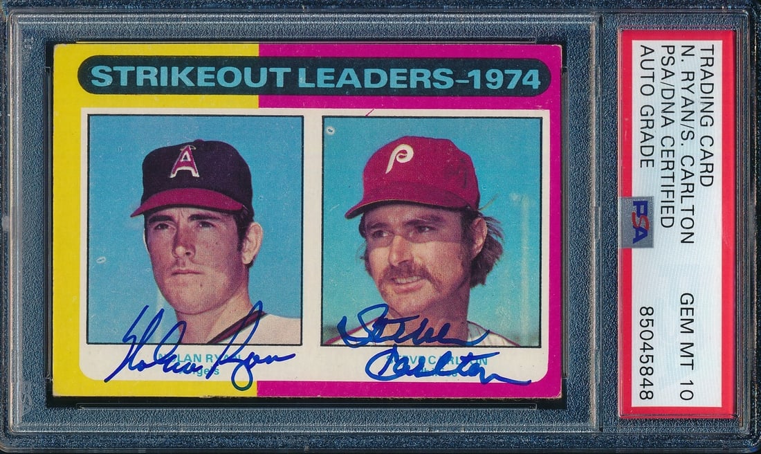 Nolan Ryan Steve Carlton Dual-Signed 1975 Topps Card PSA GEM MT 10: Nolan Ryan Steve Carlton Dual-Signed 1975 Topps Card PSA GEM MT 10 Nolan Ryan/Steve Carlton Dual-Autographed 1975 TOPPS Card #312 PSA GEM MINT 10. The autographs have been authenticated by Professiona