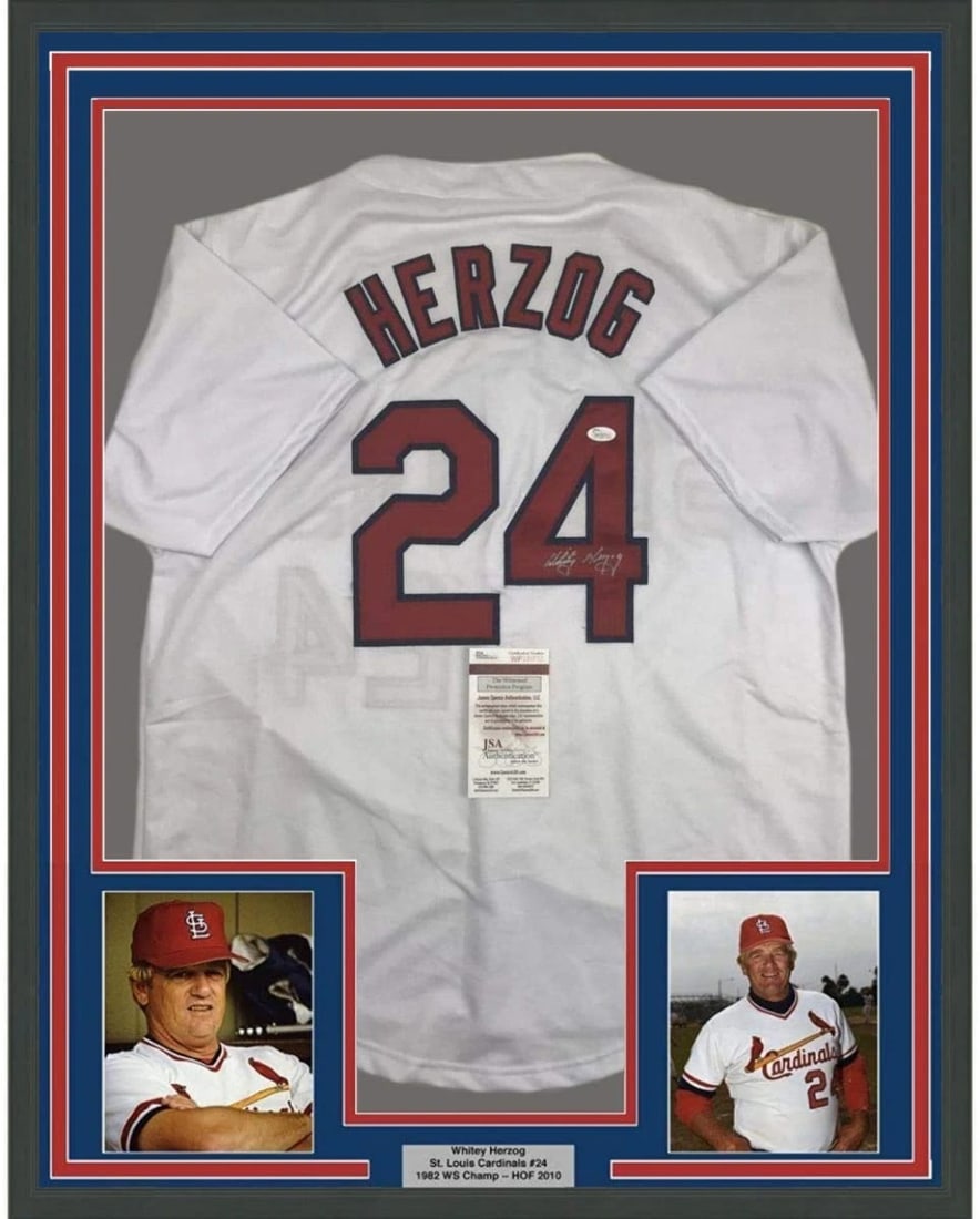 Framed Autographed Whitey Herzog St. Louis Cardinals Jersey JSA COA 33x42: Framed Autographed Whitey Herzog St. Louis Cardinals Jersey JSA COA 33x42 This framed autographed jersey features the signature of legendary baseball player Whitey Herzog, known for his time with the
