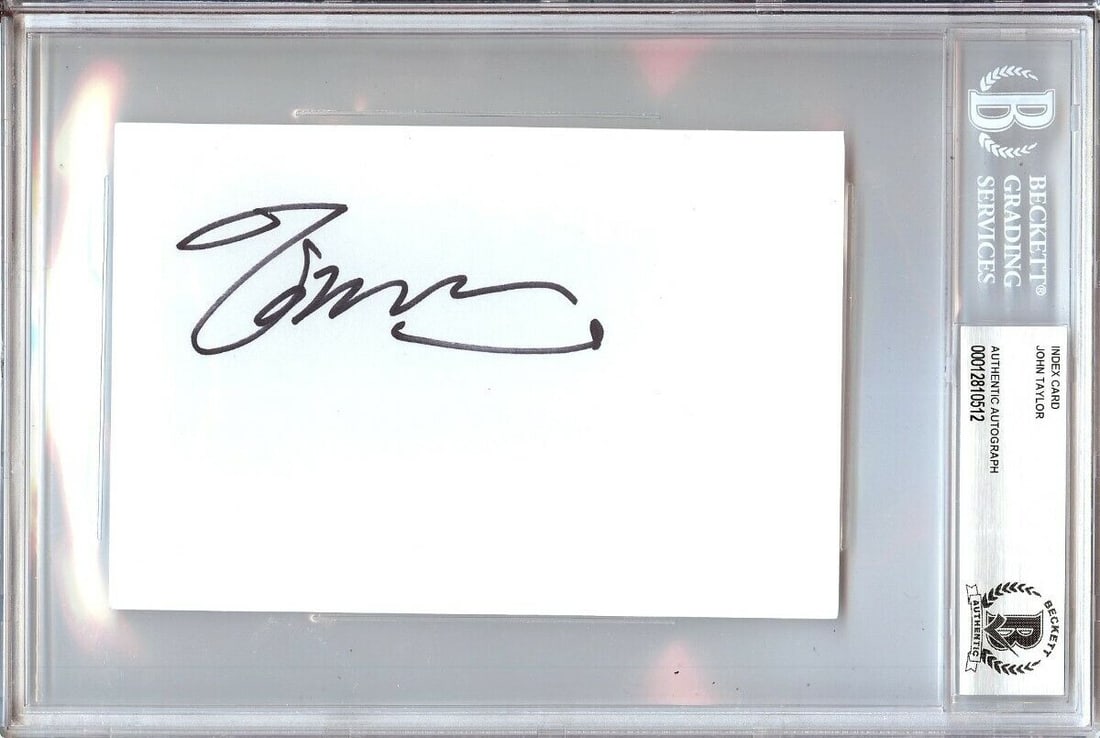 John Taylor Autographed 4X6 Index Card Duran Duran Beckett Certified: John Taylor Autographed 4X6 Index Card Duran Duran Beckett Certified This is an authentic autographed 4X6 index card signed by John Taylor, the bassist of the renowned band Duran Duran. The autograph
