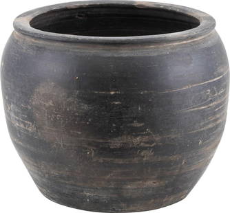 Handmade Rustic Gray Pottery Water Jar 15H x 18W x 18D: Handmade Rustic Gray Pottery Water Jar 15H x 18W x 18D Embrace rustic charm with this unique vintage gray pottery water jar, designed in an antique style. This handmade piece features a smooth