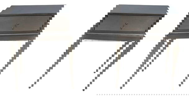 Elegant Pair of Silverleaf Hollywood Regency Nightstands with Dovetailed Drawers: Elegant Pair of Silverleaf Hollywood Regency Nightstands with Dovetailed Drawers This exquisite pair of Hollywood Regency nightstands features a striking silverleaf finish that complements any