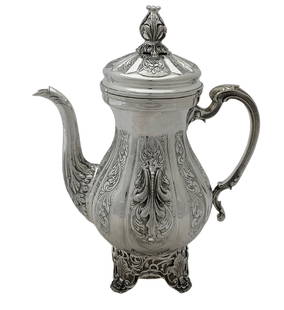 Large 10.75" Handmade 925 Sterling Silver Oil Pitcher with Leaf Design: Large 10.75" Handmade 925 Sterling Silver Oil Pitcher with Leaf Design This exquisite oil pitcher is crafted from fine 925 sterling silver, showcasing stunning handmade chased ornate leaf applique
