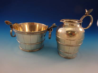 Gorham 1869 Sterling Silver Sugar & Creamer Set with 3D Butterflies: Gorham 1869 Sterling Silver Sugar & Creamer Set with 3D Butterflies This exquisite antique art silver sterling sugar and creamer set by Gorham features a unique bucket form with applied