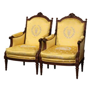 Set of 2 Antique 19th Century Louis XVI Carved Walnut Armchairs