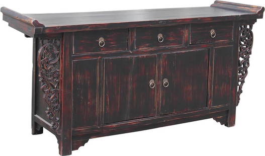 Vintage Chinese Elm Sideboard: Vintage Chinese Elm Sideboard Discover the beauty of this Vintage Chinese Elm Sideboard, designed in an antique style that embodies character and craftsmanship. This piece features intricate