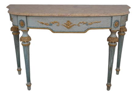 Elegant Louis XVI Console Table with Faux Marble Top: Elegant Louis XVI Console Table with Faux Marble Top This exquisite Decorative Crafts Louis XVI Console Table features a stunning faux marble top, beautifully painted and lacquered for a