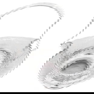 Sterling Silver Basket with Crystal Liner: Sterling Silver Basket with Crystal Liner This exquisite sterling silver basket features a crystal liner, showcasing a beautiful reticulated design around the top. The stationary handle adds to its