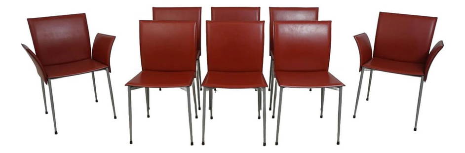 Set of 8 Modern Filippo Sibau Leather Chairs with Silver Tone Legs: Set of 8 Modern Filippo Sibau Leather Chairs with Silver Tone Legs This exquisite set of 8 Filippo Sibau & Co leather-wrapped chairs showcases a modern design that beautifully combines style and
