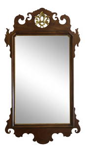 Henredon Chippendale Mahogany Mirror 30 x 54 Beveled Glass Gold Highlights: Henredon Chippendale Mahogany Mirror 30 x 54 Beveled Glass Gold Highlights This stunning Chippendale-style mirror features a large beveled glass design set in an elegant mahogany frame, showcasing
