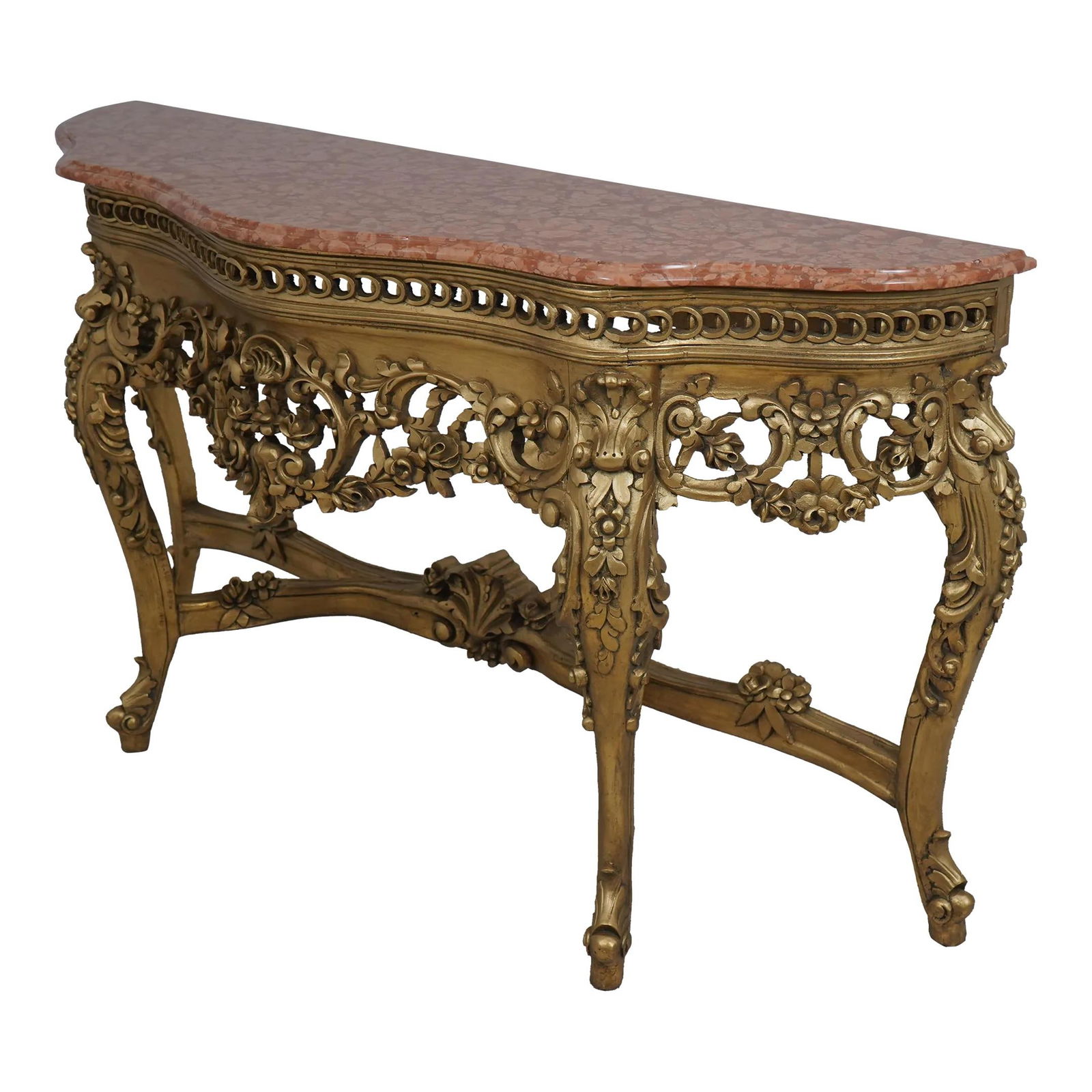 Elegant French Louis XV Console Table with Marble Top 61 x 19 x 36: Elegant French Louis XV Console Table with Marble Top 61 x 19 x 36 This exquisite French Louis XV Style Console Table features a stunning marble top supported by an ornate, beautifully carved gold bas