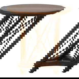 Elegant Round Neoclassical Walnut Lamp Table 26 x 26 x 27.5 Inches: Elegant Round Neoclassical Walnut Lamp Table 26 x 26 x 27.5 Inches This exquisite Round Neoclassical Walnut Lamp Table showcases a timeless design, featuring a banded border top that enhances its
