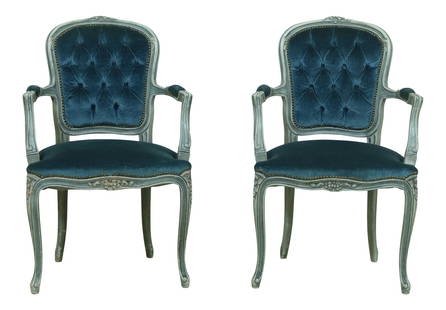 Elegant Pair of French Louis XV Open Armchairs Blue Upholstery 24w x 21d x 37.5h: Elegant Pair of French Louis XV Open Armchairs Blue Upholstery 24w x 21d x 37.5h This elegant pair of French Louis XV style decorator open armchairs showcases fine carved details and high-quality