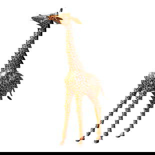 Vintage Boho Leather Giraffe Sculpture 50.75in Tall: Vintage Boho Leather Giraffe Sculpture 50.75in Tall Enhance your interior with this striking vintage painted leather giraffe sculpture. Handcrafted with meticulous detail, it showcases a rich,