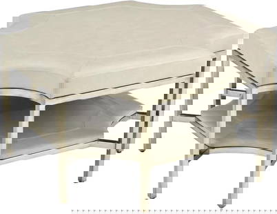 John-Richard Parkdale Light Grey Leather Ottoman Octagonal Scalloped Edge: John-Richard Parkdale Light Grey Leather Ottoman Octagonal Scalloped Edge Introducing the Luxury Light Grey Leather Ottoman, a stylish addition to any living space. This ottoman features a chic