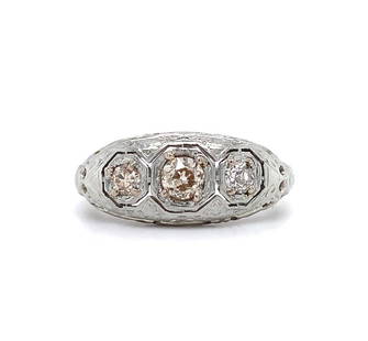 18k White Gold Art Deco Three-Stone Champagne Diamond Ring Size 6.25: 18k White Gold Art Deco Three-Stone Champagne Diamond Ring Size 6.25 This exquisite 18k white gold Art Deco ring features a stunning three-stone design, elegantly set with three genuine natural