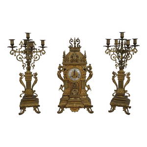 Antique French Style 3-Piece Clock Set with Brass Candelabras
