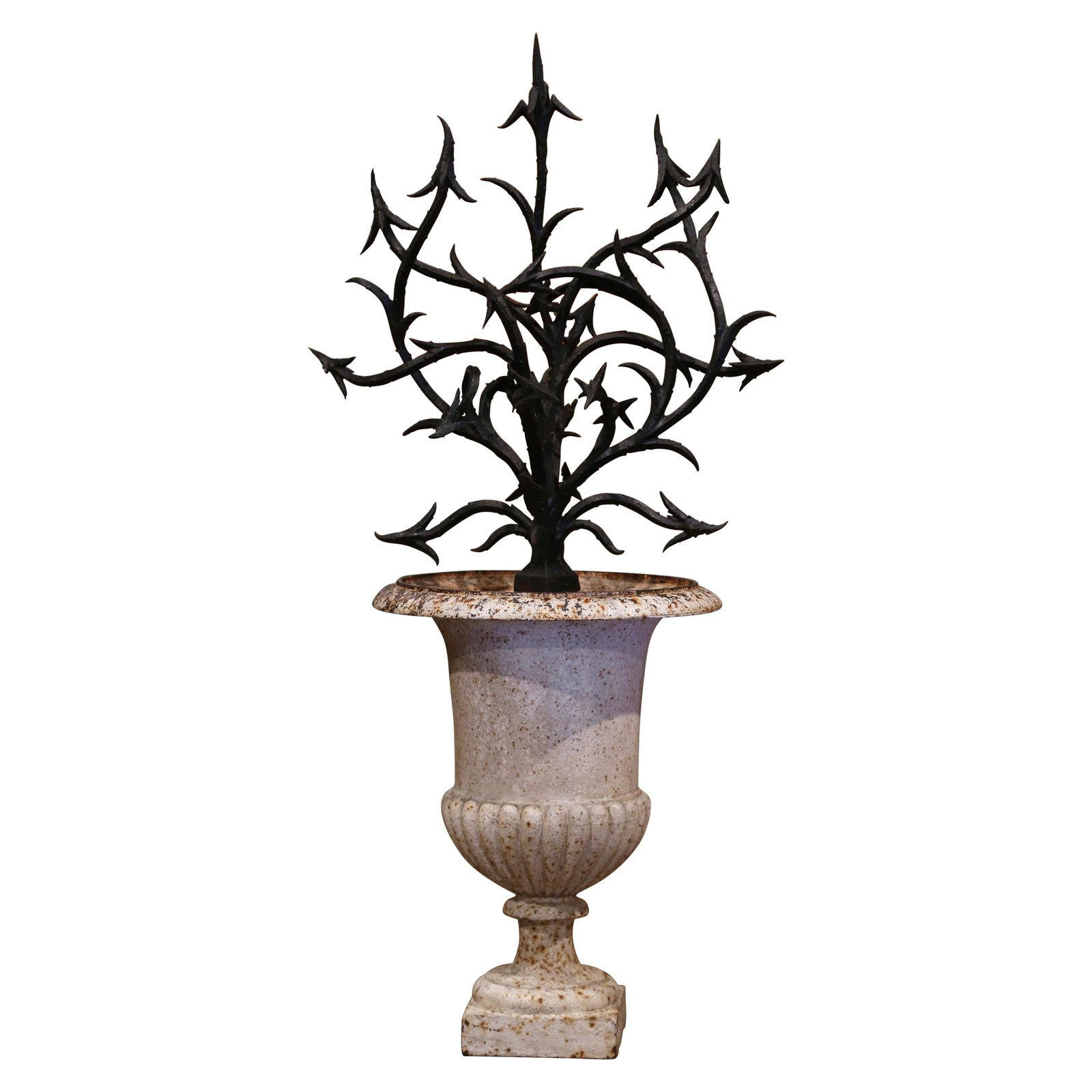 19th Century French Iron Urn with Thorny Bush Design: 19th Century French Iron Urn with Thorny Bush Design This remarkable 19th Century French painted iron urn showcases a striking blend of classical and gothic design elements. Crafted in France circa 18
