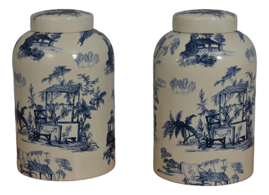Stunning Pair of Blue and White English Toile Biscuit Jars: Stunning Pair of Blue and White English Toile Biscuit Jars This exquisite pair of English Toile Waverly style biscuit jars features a stunning blue and white porcelain design, perfect for enhancing yo
