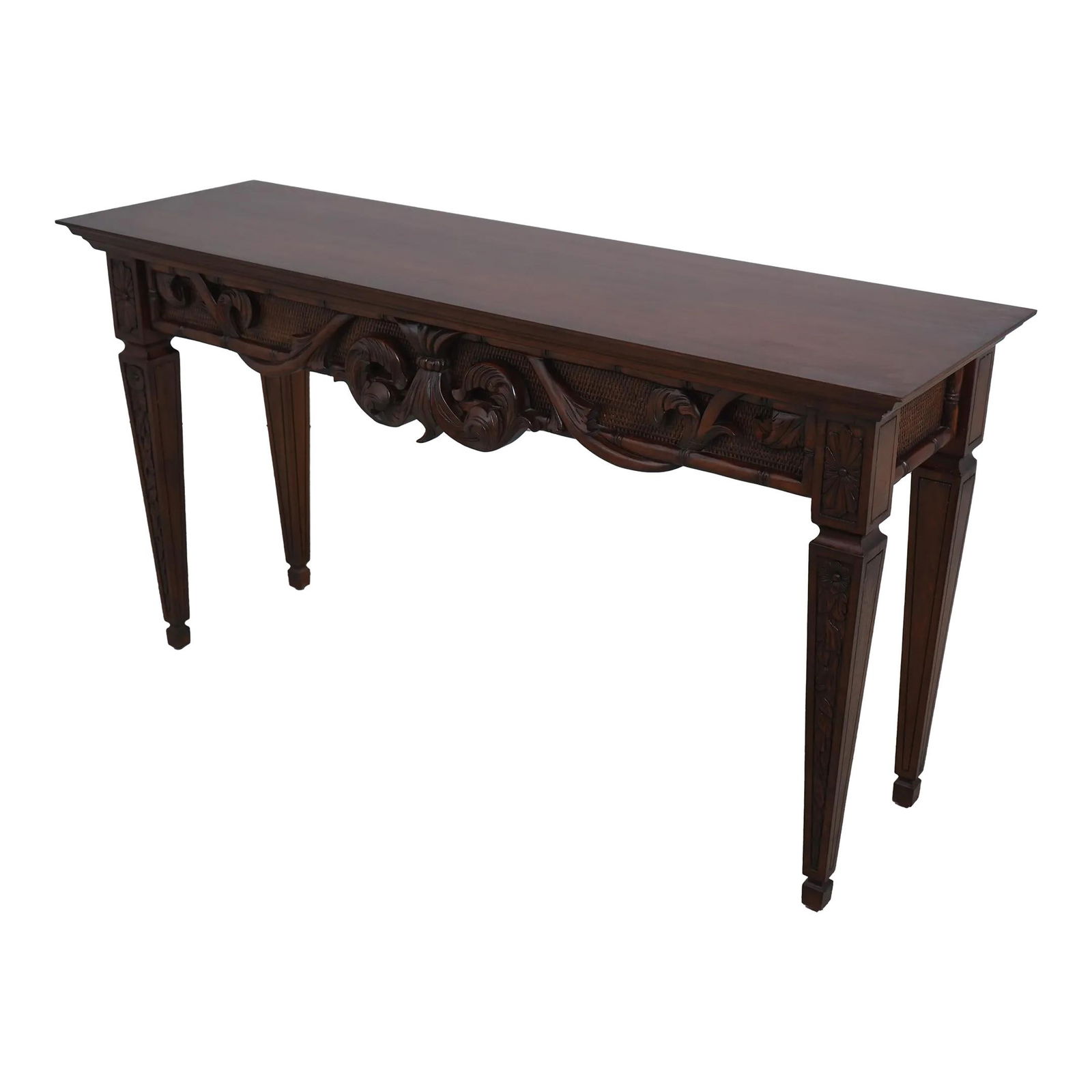 Ethan Allen Island Style Mahogany Console Table 59.5 x 18 x 32: Ethan Allen Island Style Mahogany Console Table 59.5 x 18 x 32 This Ethan Allen Island Style Console Sofa Table, crafted from mahogany, is a stunning addition to any island-style decor. Featuring a ra