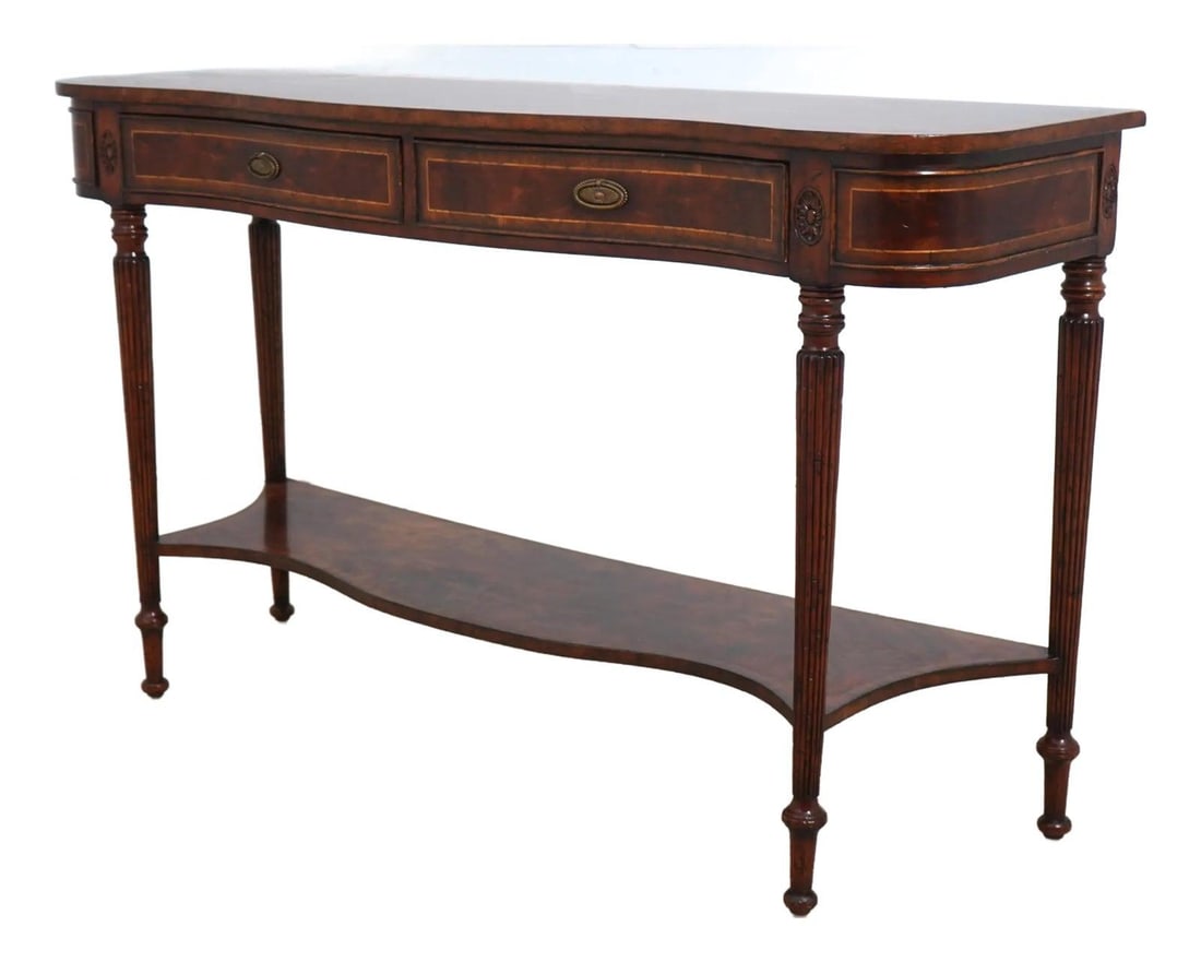 Jonathan Charles Regency Mahogany Console Table with Inlay and Brass Hardware: Jonathan Charles Regency Mahogany Console Table with Inlay and Brass Hardware This exquisite Jonathan Charles console table showcases a serpentine design crafted from mahogany, accentuated with fine i
