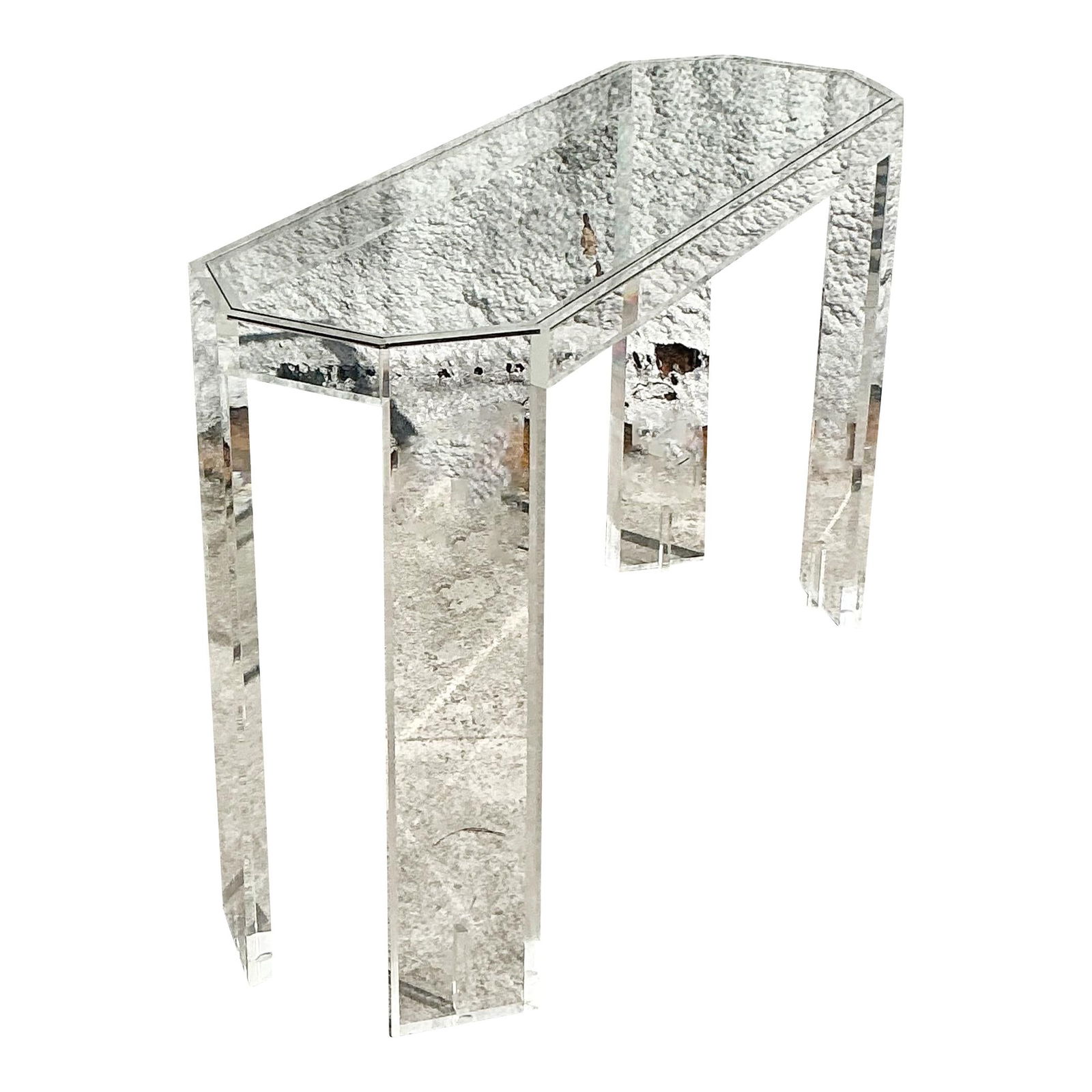 Vintage Boho Lucite Console Table with Beveled Glass Top: Vintage Boho Lucite Console Table with Beveled Glass Top Add a touch of sleek sophistication to your space with this vintage boho lucite console table. Crafted from crystal-clear lucite, this piece of