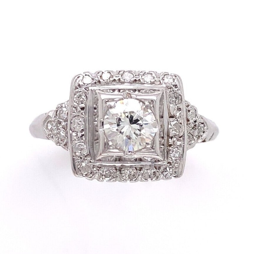 Vintage 14k White Gold Diamond Halo Ring Size 5.5 J6453: Vintage 14k White Gold Diamond Halo Ring Size 5.5 J6453 This exquisite vintage ring features a stunning design crafted from 14k white gold, showcasing a square halo adorned with 22 genuine natural dia