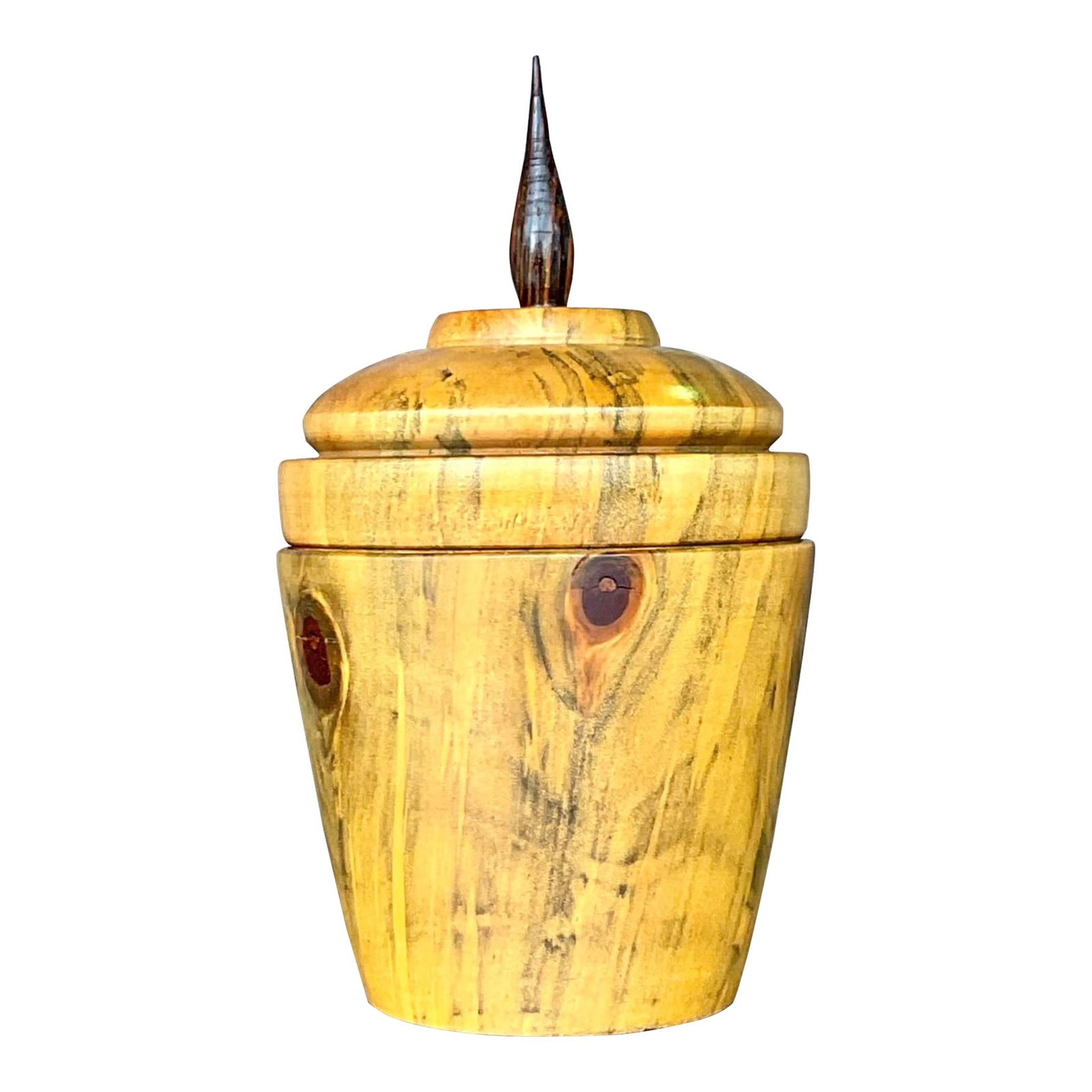 Vintage Boho Wood Lidded Pot with Rich Patina: Vintage Boho Wood Lidded Pot with Rich Patina Add a touch of rustic elegance to your home with this vintage Boho turned wood lidded pot. Crafted from wood, it showcases a rich patina and intricate det