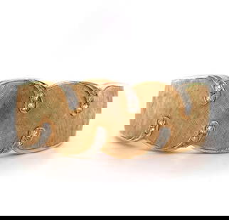 Vintage 14k Gold Diamond Hinged Italian Cuff Bracelet 1940s Authentic: Vintage 14k Gold Diamond Hinged Italian Cuff Bracelet 1940s Authentic This stunning 14k Gold and Genuine Natural Diamond Hinged Italian Cuff Bracelet features a unique blend of yellow and white gold w
