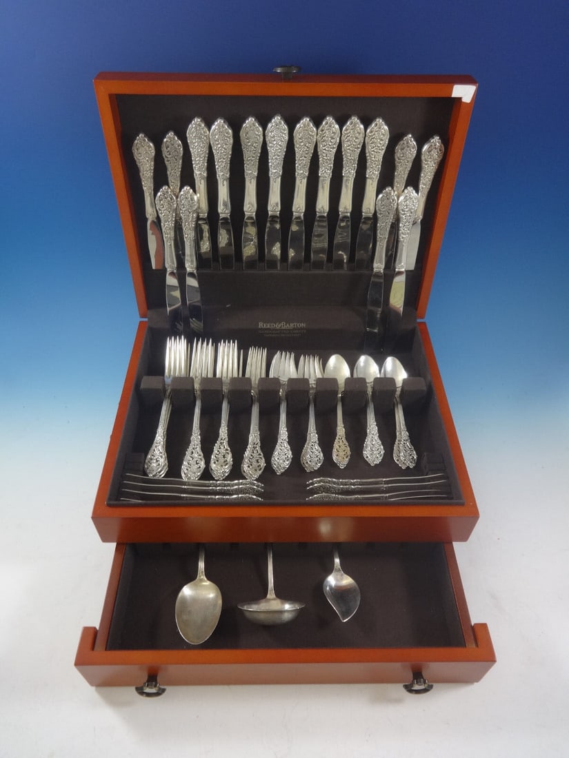 Reed & Barton Florentine Lace Sterling Silver Flatware Set 59 Pcs with Storage Chest: Reed & Barton Florentine Lace Sterling Silver Flatware Set 59 Pcs with Storage Chest Elevate your dining experience with this exquisite Florentine Lace Flatware Set by Reed & Barton. Comprising 59 pie