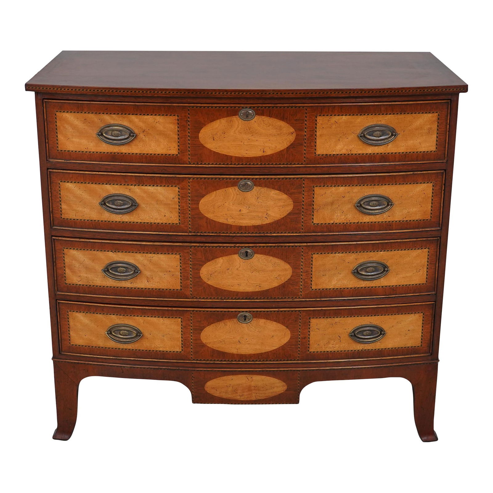 Elegant English Mahogany Bow Front Chest with 4 Drawers: Elegant English Mahogany Bow Front Chest with 4 Drawers This stunning English inlaid chest features a traditional bow front design, expertly crafted from high-quality mahogany. The piece showcases bea
