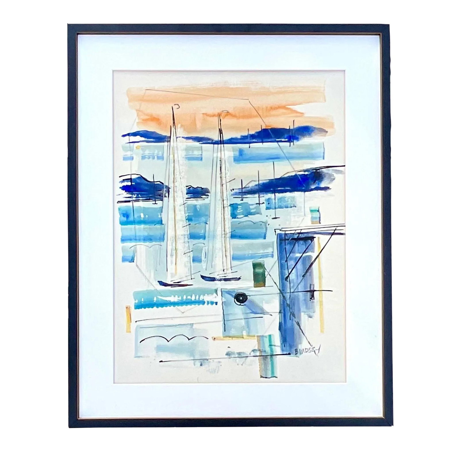 Vintage Coastal Harbor Watercolor on Paper: Vintage Coastal Harbor Watercolor on Paper This captivating vintage watercolor on paper, created by the esteemed artist Alfred Birdsey, showcases a vibrant harbor scene with two sailboats featuring wh