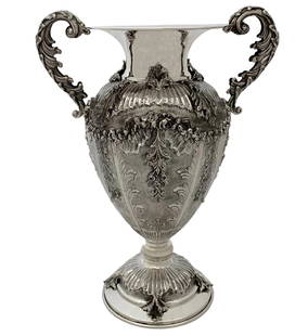 Fine Large 925 Sterling Silver Flower Vase with Handles: Fine Large 925 Sterling Silver Flower Vase with Handles This exquisite large flower vase is crafted from 925 sterling silver and features intricate handmade floral and leaf appliques, beautifully