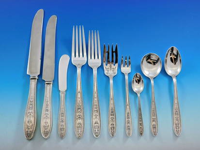 International Silver Wedgwood Sterling Silver Flatware Set 128 pcs: International Silver Wedgwood Sterling Silver Flatware Set 128 pcs This stunning 128-piece flatware set is crafted from sterling silver and features the exquisite Wedgwood pattern by International