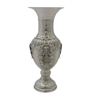 Handmade 925 Sterling Silver Ornate Flower Vase 9.5 Inches: Handmade 925 Sterling Silver Ornate Flower Vase 9.5 Inches This exquisite flower vase is crafted from fine 925 sterling silver, showcasing a stunning handmade chased swirl leaf applique and ornate