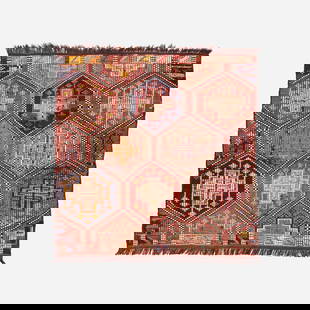 Authentic Handmade Cicim Wool On Wool Kilim: Authentic Handmade Cicim Wool On Wool Kilim This authentic handmade Cicim rug showcases a stunning geometric pattern featuring hexagonal shapes in vibrant colors, including red, orange, and cream.