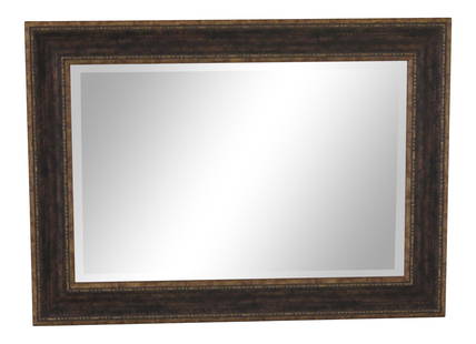 Vintage Beveled Glass Rectangular Mirror 45 x 33 Bronze Frame: Vintage Beveled Glass Rectangular Mirror 45 x 33 Bronze Frame This exquisite beveled glass decorative rectangular mirror features a beautifully painted frame in gold and bronze tones. Crafted