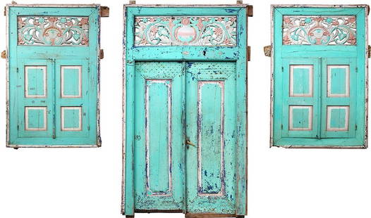 Javanese Style Teak Window Door Set 94 x 51 Distressed Finish: Javanese Style Teak Window Door Set 94 x 51 Distressed Finish Introducing a stunning window door set crafted in the timeless Antique Javanese style. This piece features a distressed painted finish