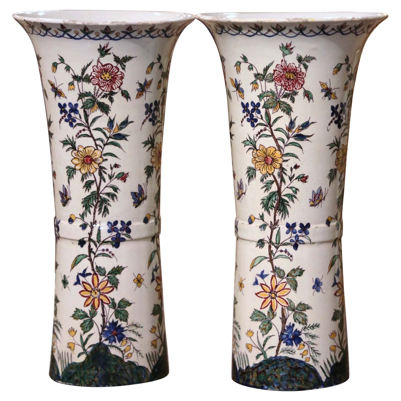 Set of 2 Antique 19th Century French Hand Painted Faience Vases: Set of 2 Antique 19th Century French Hand Painted Faience Vases Enhance your decor with this exquisite pair of 19th Century French Hand Painted Faience Trumpet Vases from Provence. Crafted circa 1880,