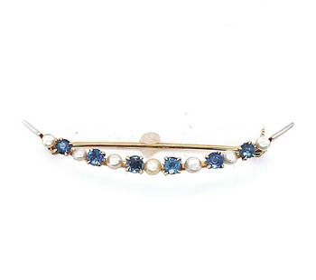 Antique 14k Yellow Gold Crescent Pin Montana Sapphire and Pearls 1 5/8": Antique 14k Yellow Gold Crescent Pin Montana Sapphire and Pearls 1 5/8" This exquisite antique crescent pin is crafted from 14k yellow gold and features a stunning arrangement of six round Montana