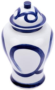 Handmade Blue White Porcelain Temple Jar 21H Asian Antique Style: Handmade Blue White Porcelain Temple Jar 21H Asian Antique Style This stunning Blue & White Swirl Porcelain Temple Jar showcases a captivating brushstroke swirl circle design, reflecting an Asian