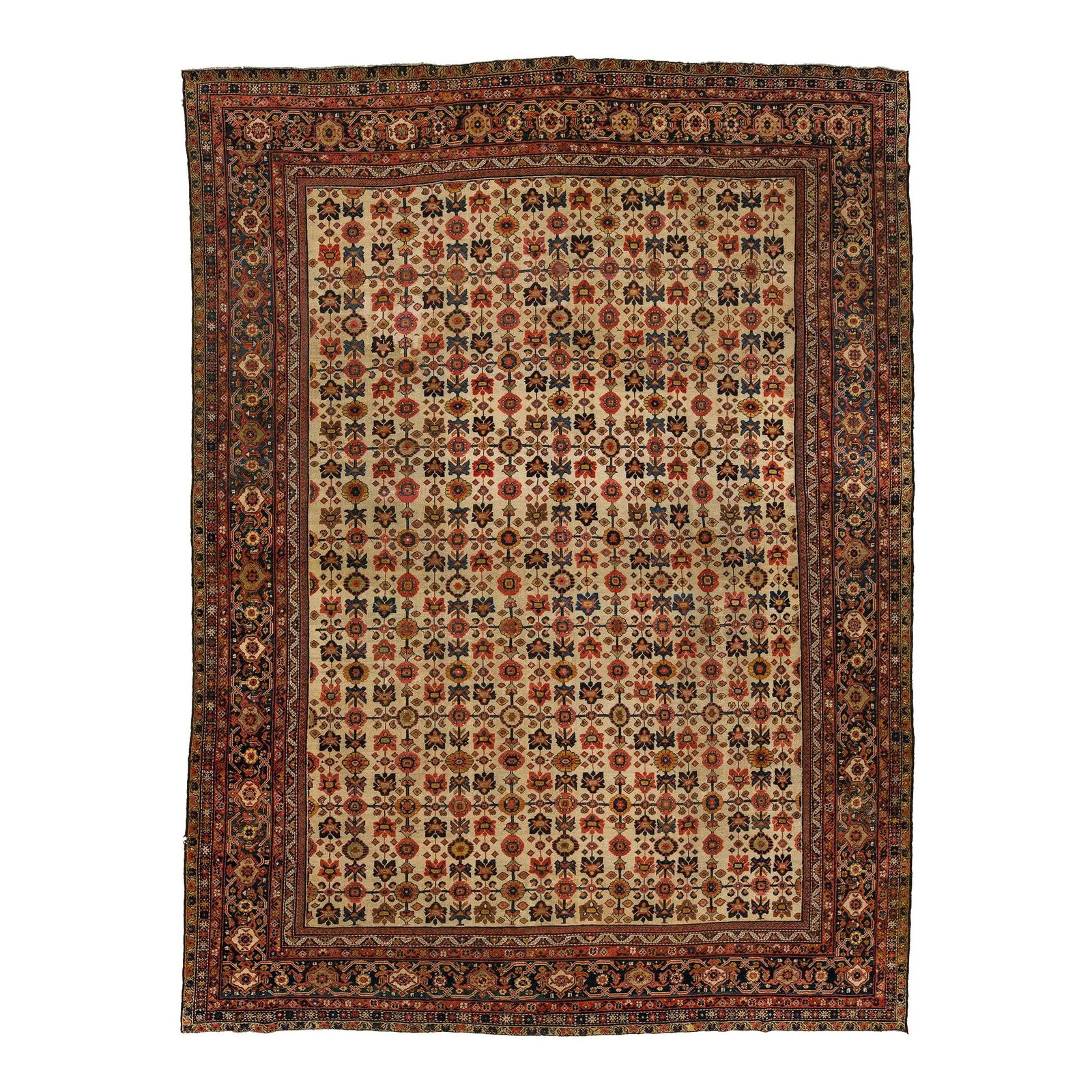 1880s Handmade Persian Farahan Wool Rug Beige Tan Floral Design 11'10 x 15'10: 1880s Handmade Persian Farahan Wool Rug Beige Tan Floral Design 11'10 x 15'10 This exquisite Persian antique Farahan rug, dating back to the 1880s, showcases a stunning beige-tan color field adorned w