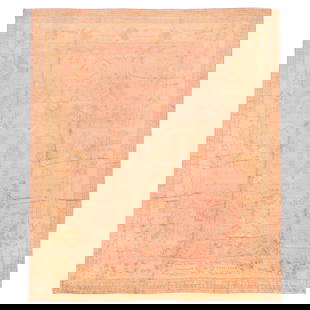 Antique Turkish Oushak Rug 14'11" x 17'2" Pink Gold Wool: Antique Turkish Oushak Rug 14'11" x 17'2" Pink Gold Wool Discover the beauty of this early 20th-century Antique Turkish Oushak rug, featuring a striking blend of soft pink and gold hues. Hand-woven