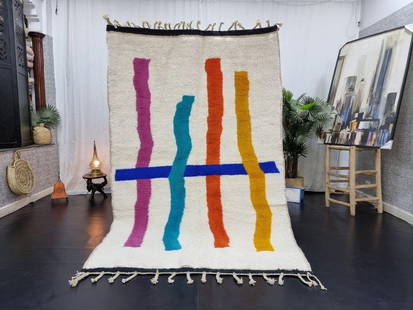 Authentic Handmade Moroccan Berber Rug 6.56 x 3.28 Feet: Authentic Handmade Moroccan Berber Rug 6.56 x 3.28 Feet Experience the beauty of this authentic handmade white Moroccan Berber carpet, adorned with vibrant lines in pink, light blue, orange, brown,