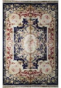 Luxurious 6' x 9' Navy Blue Aubusson Savonnerie Silk Area Rug