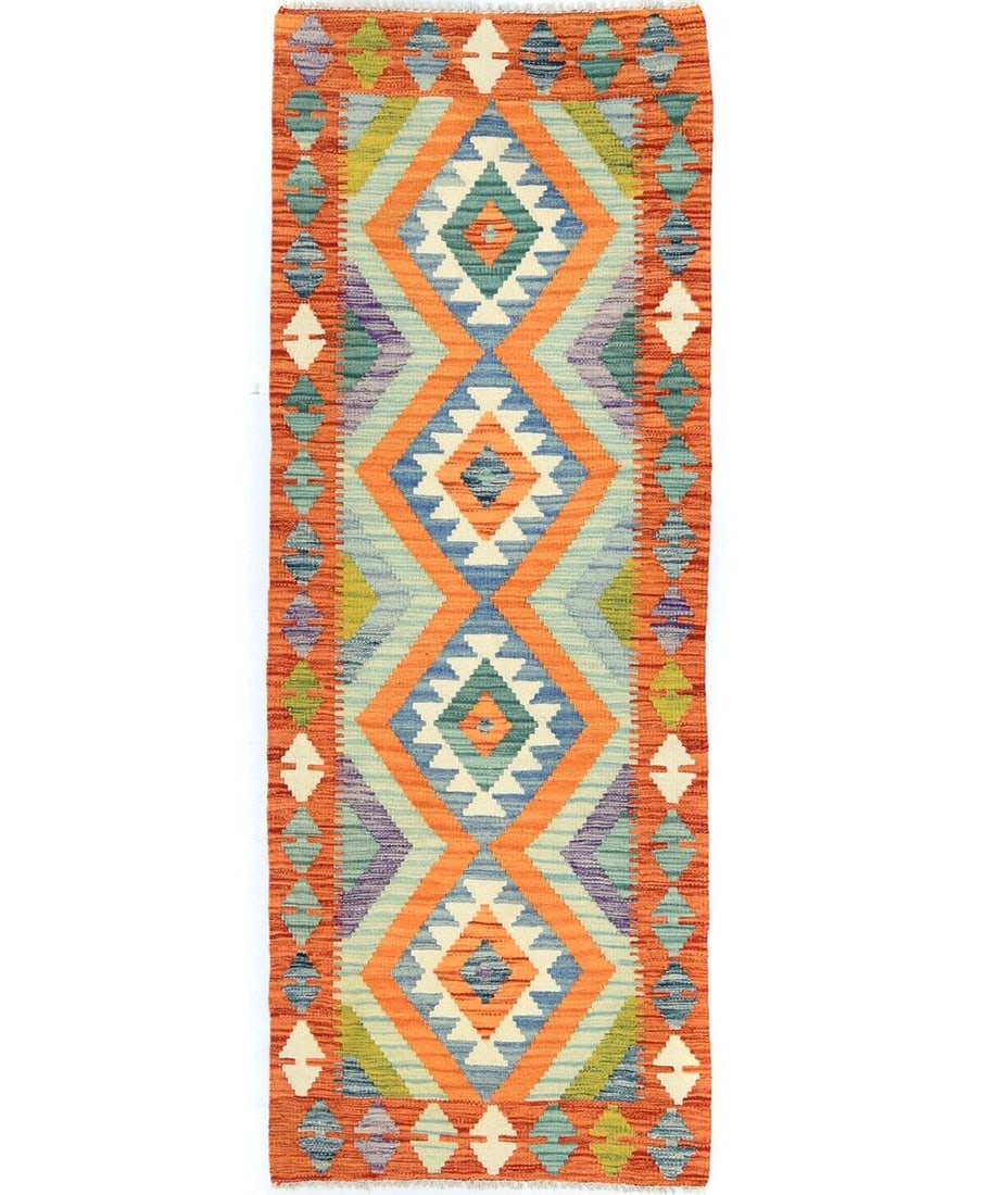 Tribal Multicolor Wool Kilim Runner Rug 2'4 x 6'3 Handmade: Tribal Multicolor Wool Kilim Runner Rug 2'4 x 6'3 Handmade Enhance your space with this vibrant Tribal Multicolor Reversible Kilim Runner Rug, expertly woven from quality wool. Measuring 2'4" x 6'3" a