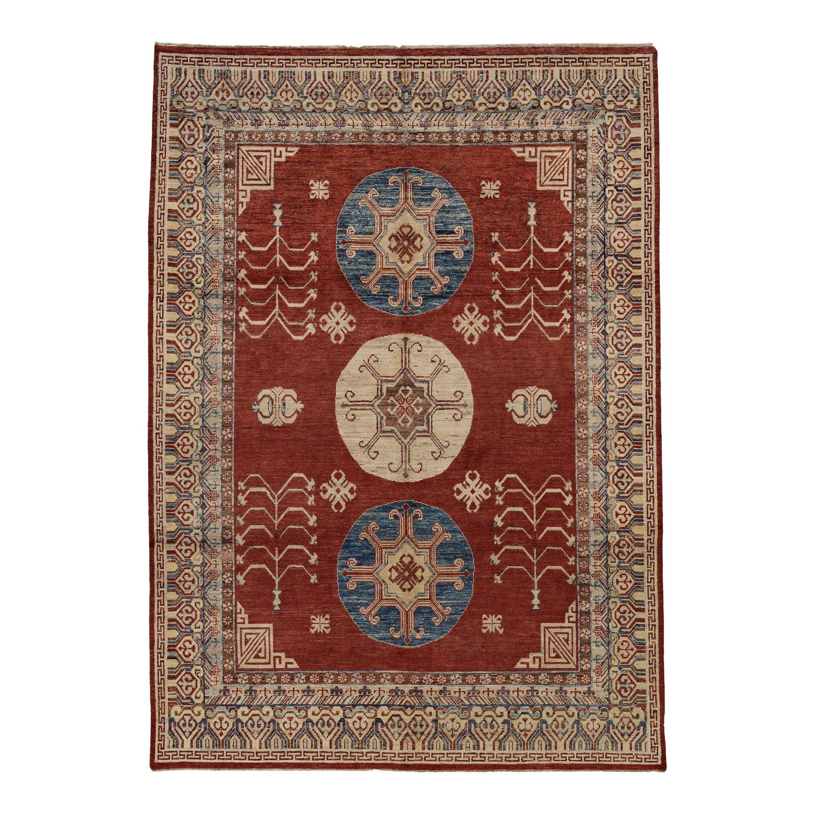 Handmade Modern Khotan Wool Rug 7'8 x 10'9 Rust Blue Beige: Handmade Modern Khotan Wool Rug 7'8 x 10'9 Rust Blue Beige Discover the beauty of this handmade Modern Khotan-designed wool rug, showcasing a vibrant rust field adorned with striking blue and beige ac