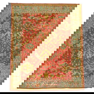 Antique Turkish Oushak Rug 98 x 118 in Angora Wool Early 20th Century: Antique Turkish Oushak Rug 98 x 118 in Angora Wool Early 20th Century This stunning early 20th century Turkish Oushak rug is a true masterpiece, crafted from luxurious angora and wool. Measuring 98