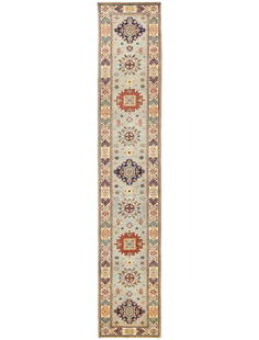 Tribal Geometric Kazak 2'11 x 16'4 Wool Runner Rug: Tribal Geometric Kazak 2'11 x 16'4 Wool Runner Rug Enhance your living space with this stunning Tribal Geometric Kazak Runner Rug, measuring 2'11" x 16'4". Crafted from high-quality wool, this