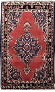 Handcrafted 3.7 x 4.11 Red Orange Persian Hamadan Rug: Handcrafted 3.7 x 4.11 Red Orange Persian Hamadan Rug Transform your space with this exquisite handcrafted red-orange Persian Hamadan rug, perfect for adding warmth and sophistication to any room.
