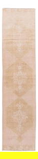 1960s Handmade Turkish Wool Runner Tan Geometric Design 3' x 12'11": 1960s Handmade Turkish Wool Runner Tan Geometric Design 3' x 12'11" This exquisite vintage Turkish handmade runner showcases a stunning geometric tribal design in a warm tan field accented with